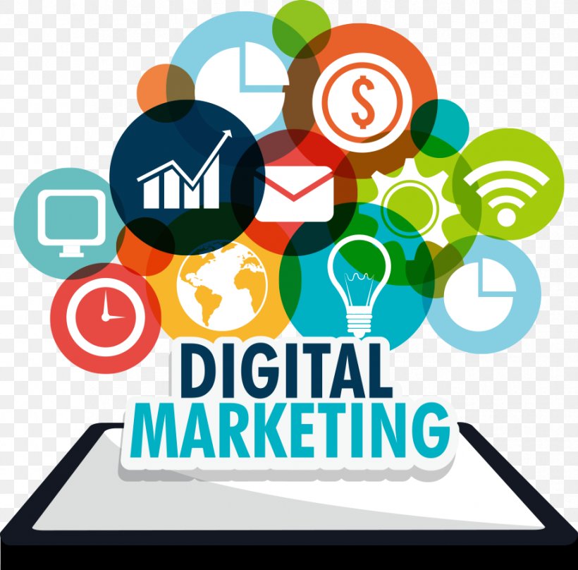 A digital marketing strategy concept featuring various online marketing elements like SEO, social media, content marketing, and analytics.